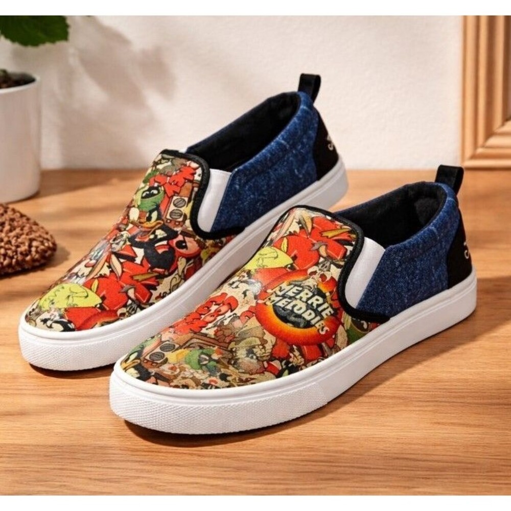 Looney Tunes Merrie Melodies That's All Folks! AOP Slip-On Sneakers Unisex Sz 10